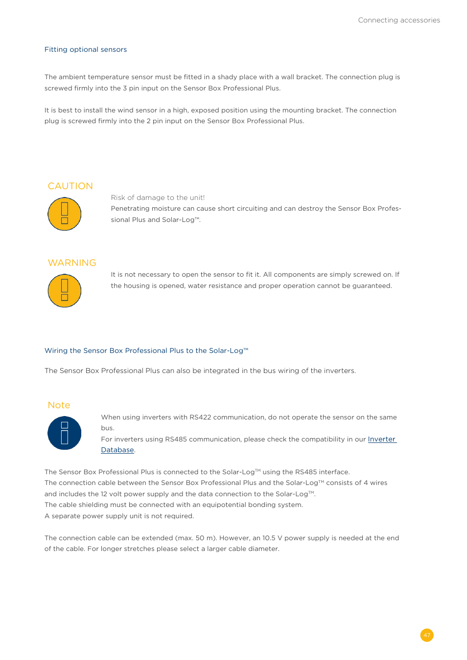 Caution, Warning | Solare Datensysteme Solar-Log User Manual | Page 47 / 242