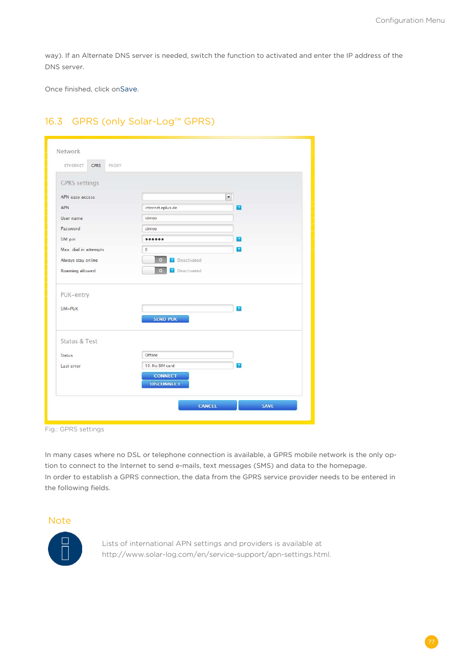 16�3 gprs (only solar-log™ gprs) | Solare Datensysteme Solar-Log User Manual | Page 77 / 242