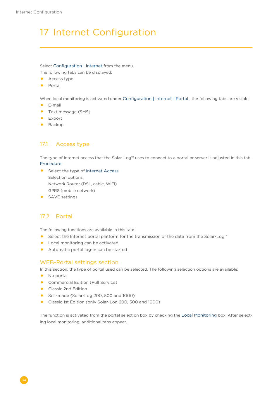 Internet (chapter „17 internet configuration“), Internet (chapter “17 internet configuration”), 17 internet configuration | Solare Datensysteme Solar-Log User Manual | Page 84 / 242