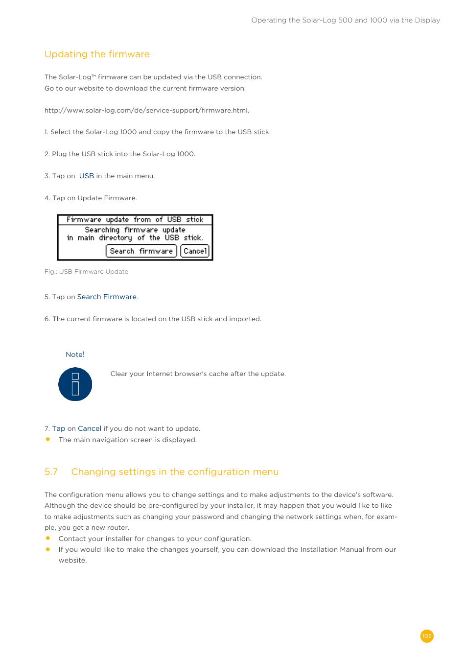 Updating the firmware, 5�7 changing settings in the configuration menu | Solare Datensysteme Solar-Log User Manual | Page 105 / 173