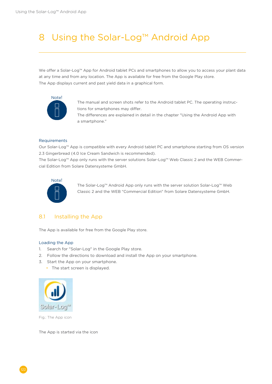 8 using the solar-log™ android app, 8�1 installing the app | Solare Datensysteme Solar-Log User Manual | Page 122 / 173