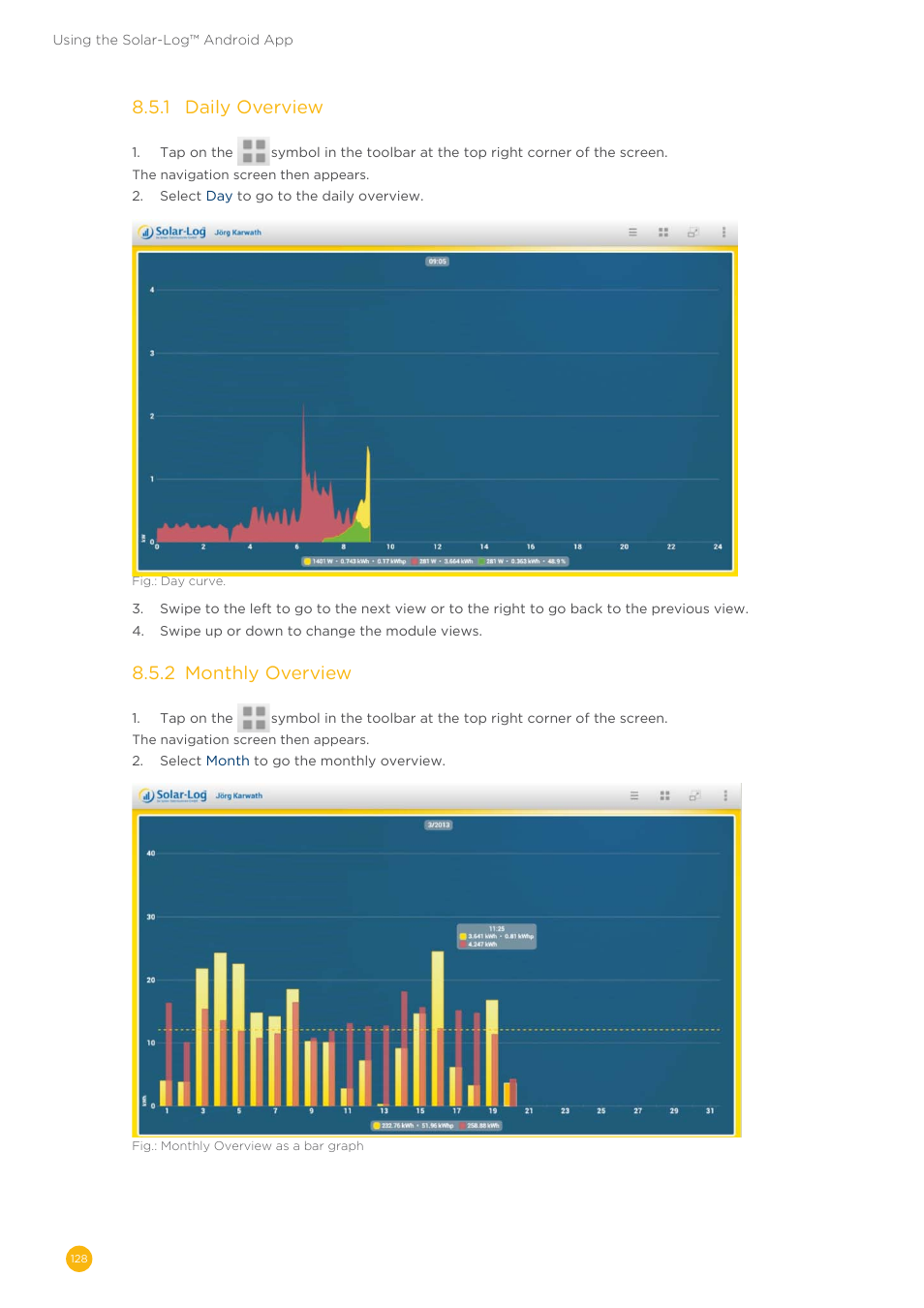 8�5�1 daily overview, 8�5�2 monthly overview | Solare Datensysteme Solar-Log User Manual | Page 128 / 173