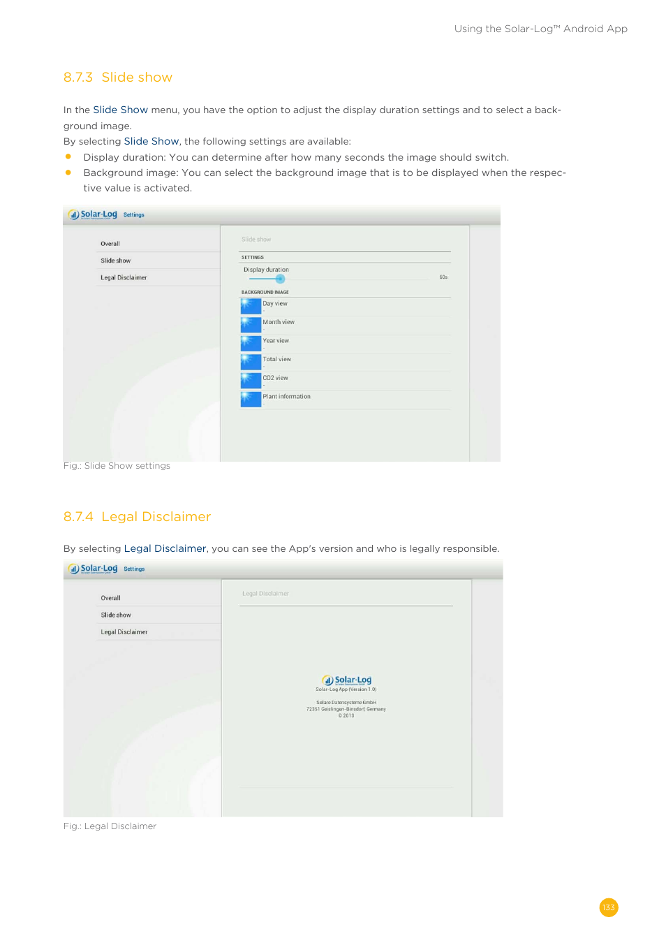 8�7�3 slide show, 8�7�4 legal disclaimer | Solare Datensysteme Solar-Log User Manual | Page 133 / 173