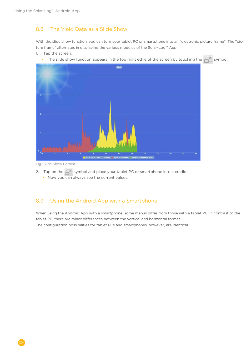 8�8 the yield data as a slide show, 8�9 using the android app with a smartphone | Solare Datensysteme Solar-Log User Manual | Page 134 / 173