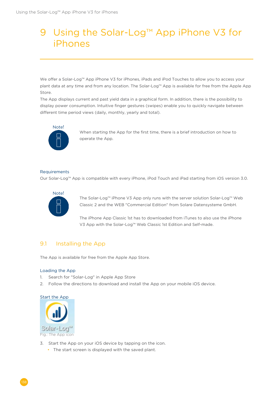 9 using the solar-log™ app iphone v3 for iphones, 9�1 installing the app | Solare Datensysteme Solar-Log User Manual | Page 138 / 173
