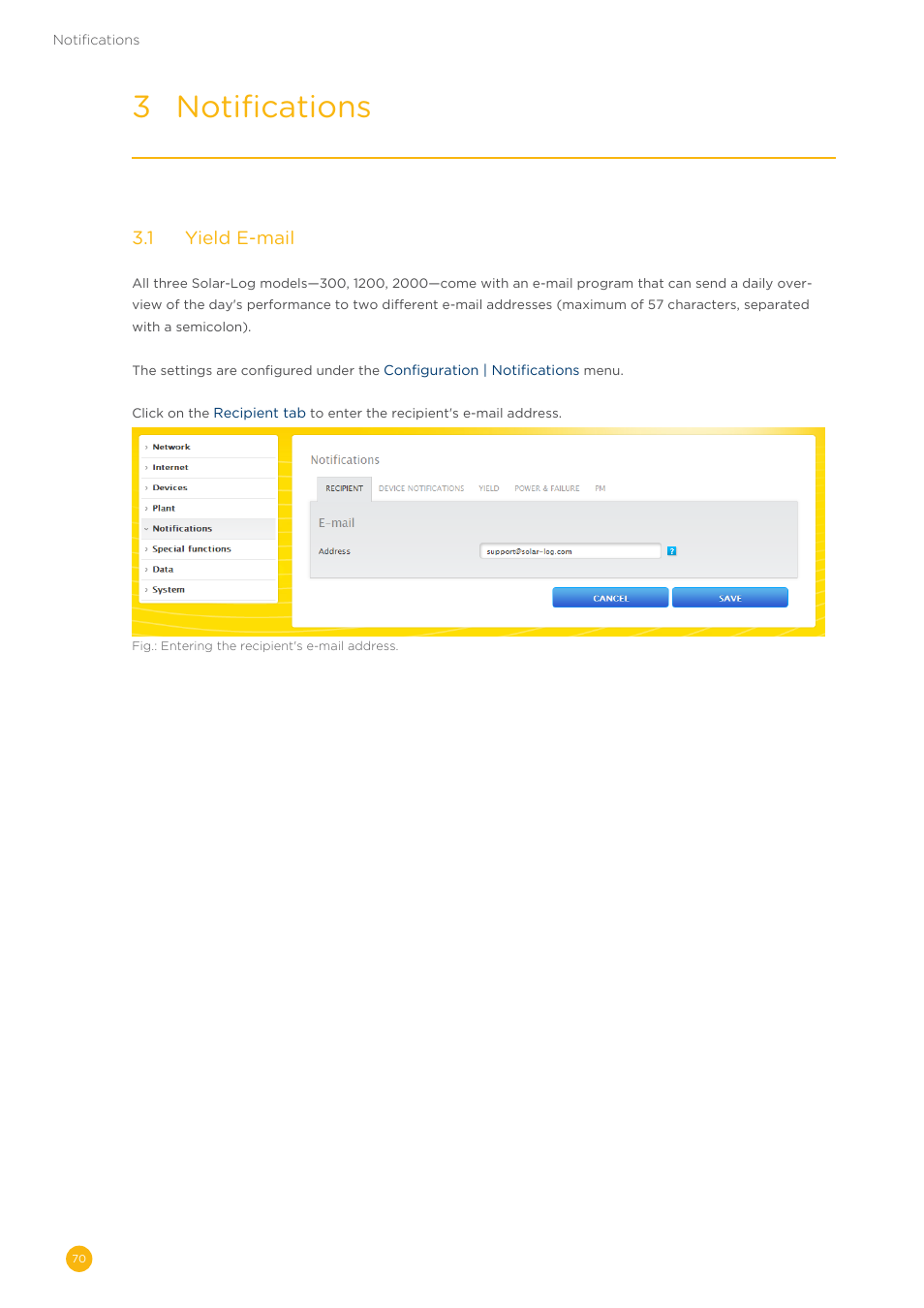 3 notifications, 3�1 yield e-mail | Solare Datensysteme Solar-Log User Manual | Page 70 / 173