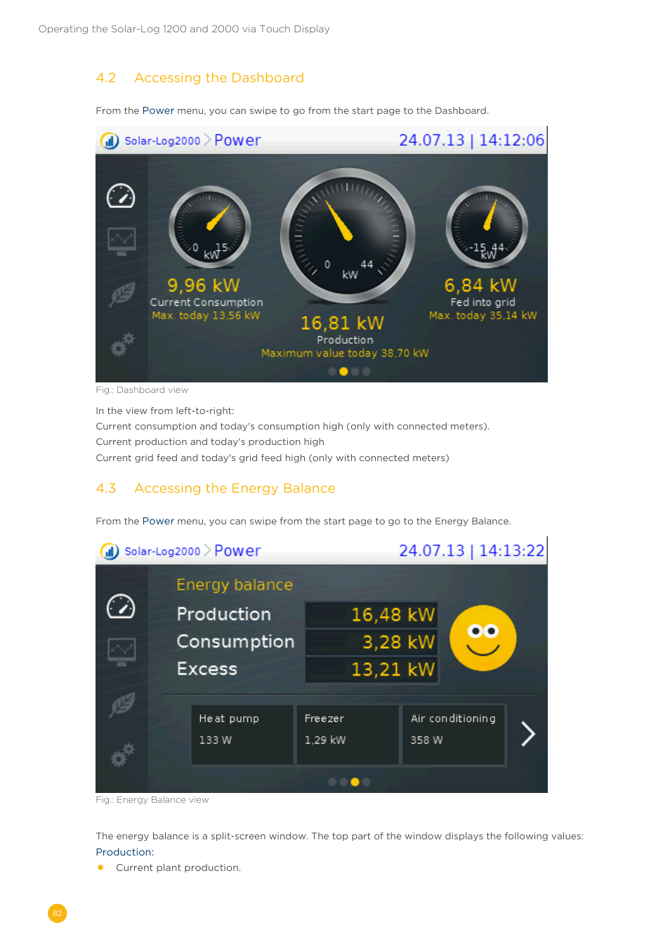 4�2 accessing the dashboard, 4�3 accessing the energy balance | Solare Datensysteme Solar-Log User Manual | Page 82 / 173
