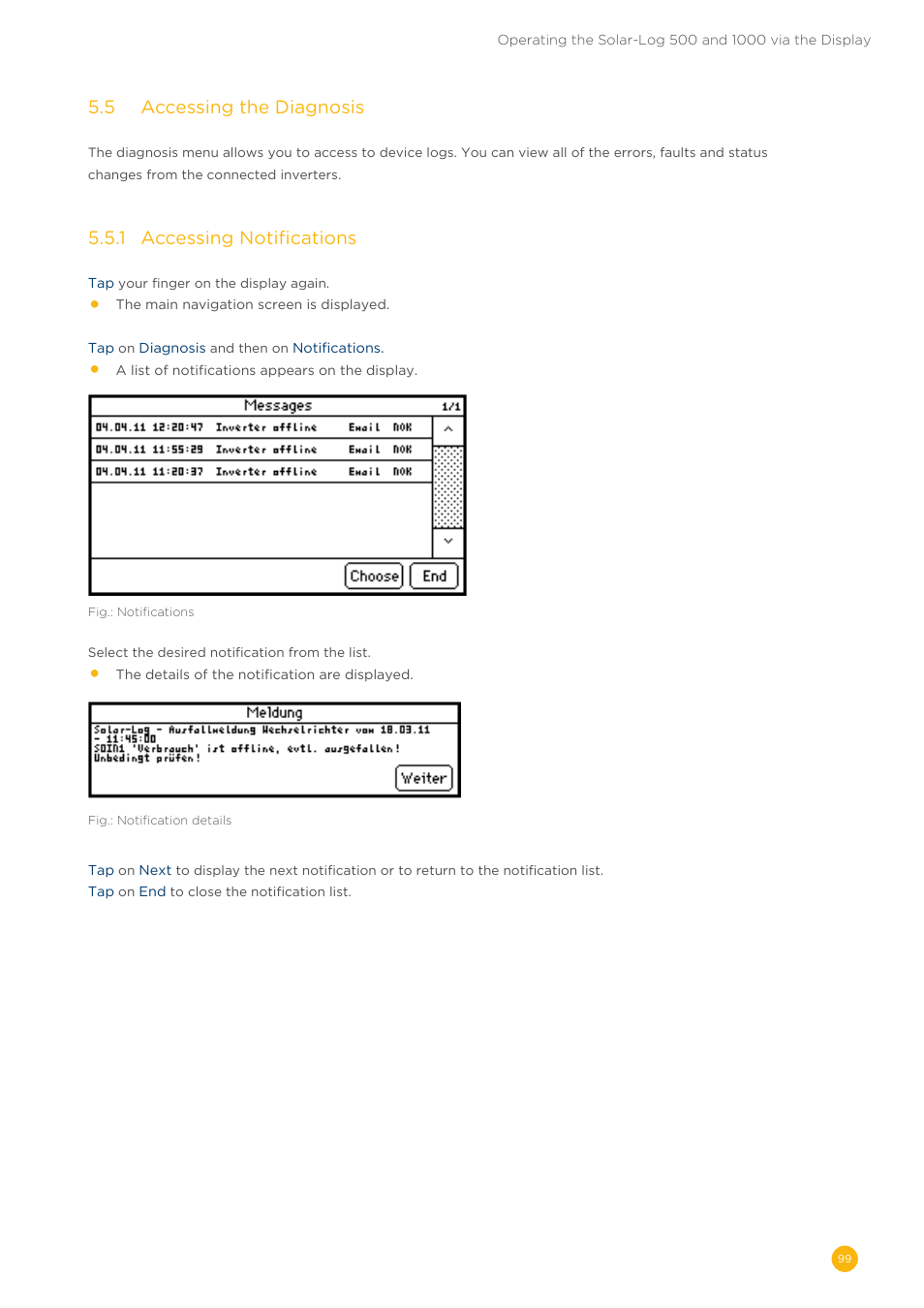 5�5 accessing the diagnosis, 5�5�1 accessing notifications | Solare Datensysteme Solar-Log User Manual | Page 99 / 173