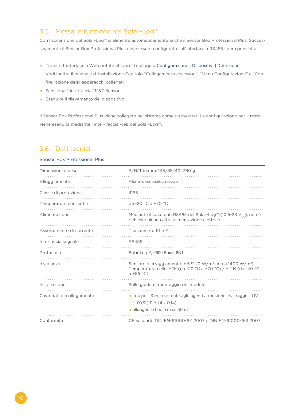 5 messa in funzione nel solar-log, 6 dati tecnici | Solare Datensysteme Solar-Log Sensor Box Professional Plus User Manual | Page 10 / 24