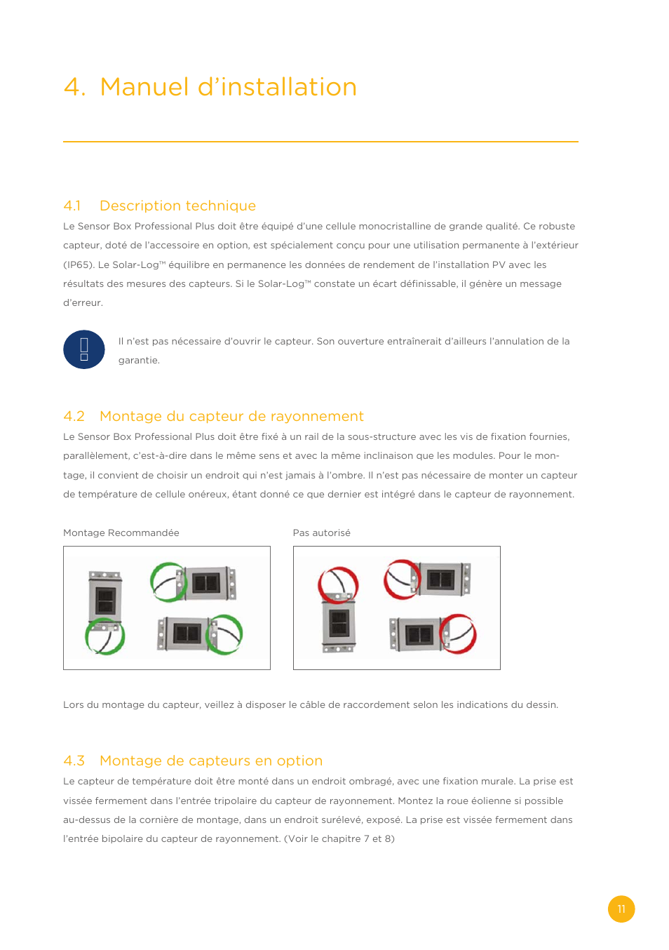 Manuel d’installation, 1 description technique, 2 montage du capteur de rayonnement | 3 montage de capteurs en option | Solare Datensysteme Solar-Log Sensor Box Professional Plus User Manual | Page 11 / 24