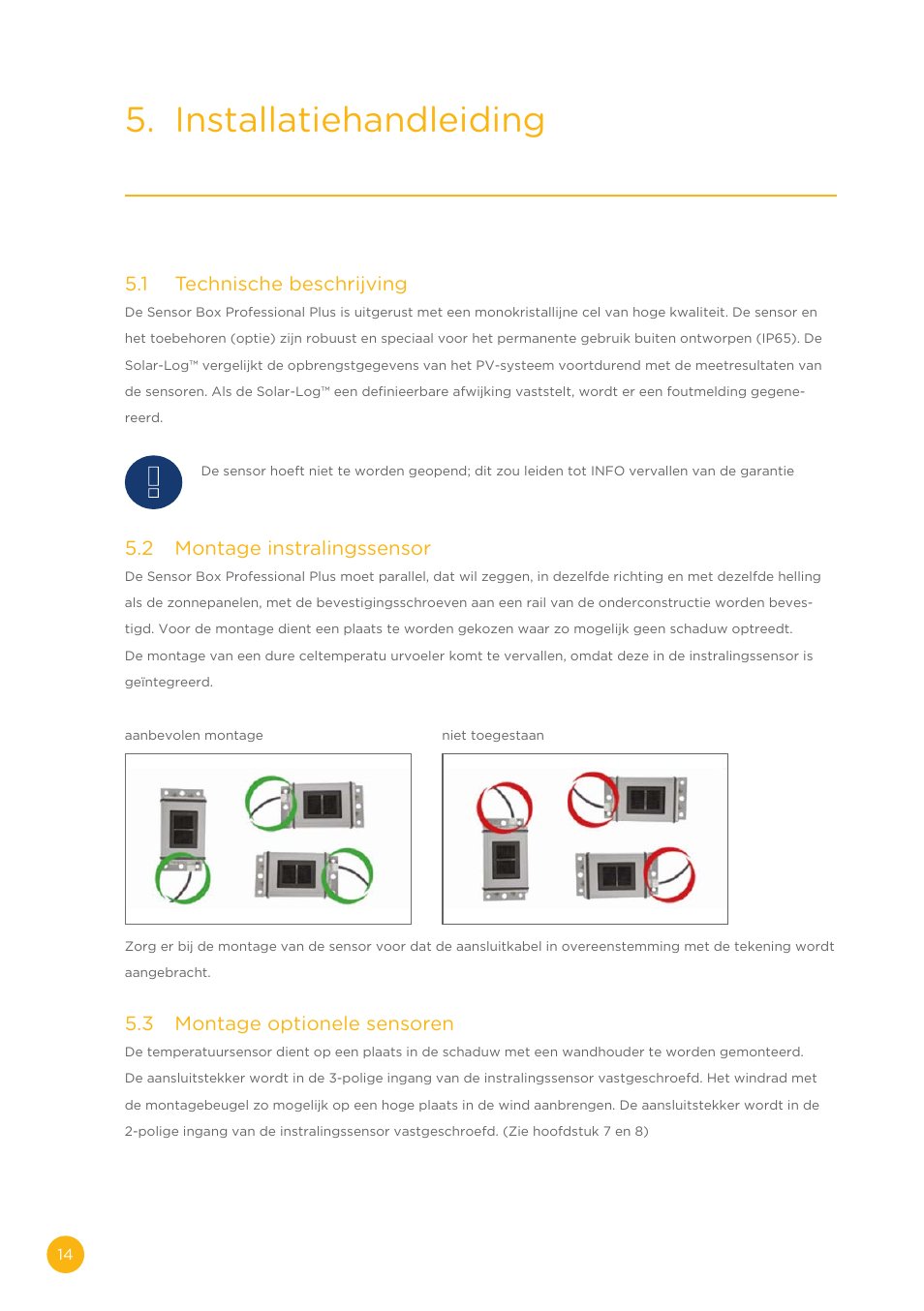 Installatiehandleiding, 1 technische beschrijving, 2 montage instralingssensor | 3 montage optionele sensoren | Solare Datensysteme Solar-Log Sensor Box Professional Plus User Manual | Page 14 / 24