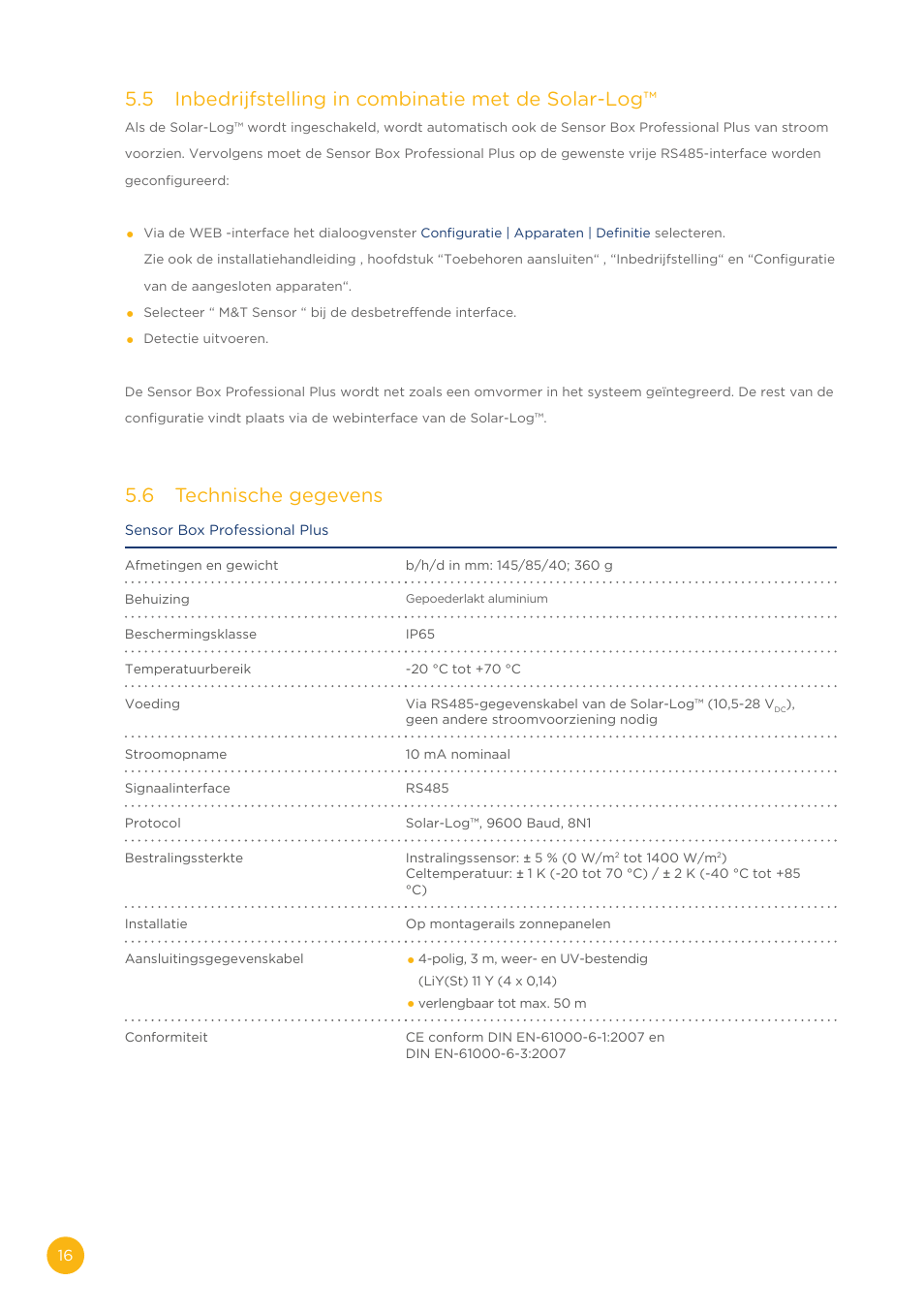 5 inbedrijfstelling in combinatie met de solar-log, 6 technische gegevens | Solare Datensysteme Solar-Log Sensor Box Professional Plus User Manual | Page 16 / 24