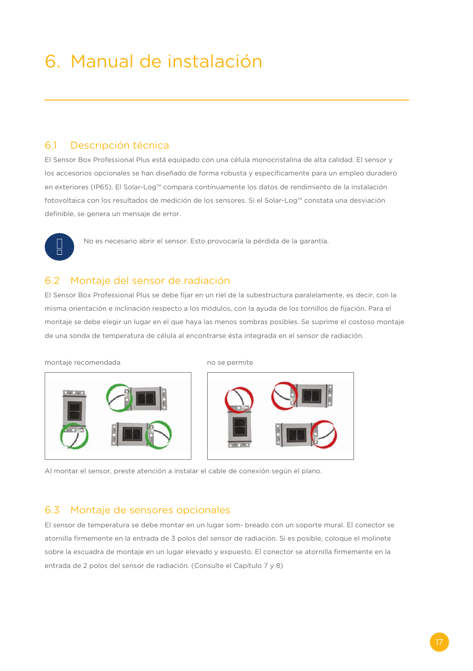 Manual de instalación, 1 descripción técnica, 2 montaje del sensor de radiación | 3 montaje de sensores opcionales | Solare Datensysteme Solar-Log Sensor Box Professional Plus User Manual | Page 17 / 24
