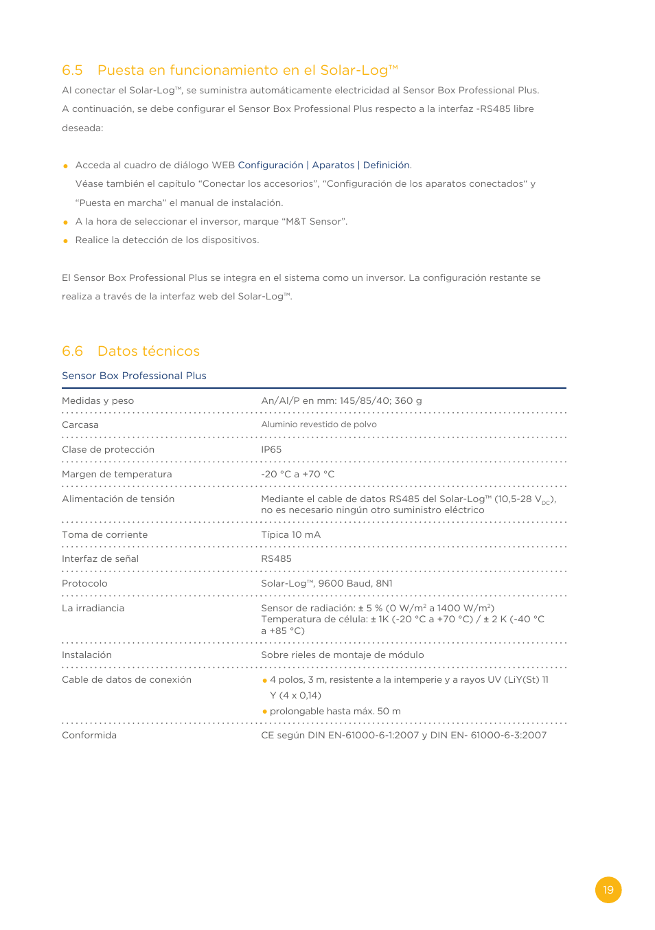 5 puesta en funcionamiento en el solar-log, 6 datos técnicos | Solare Datensysteme Solar-Log Sensor Box Professional Plus User Manual | Page 19 / 24