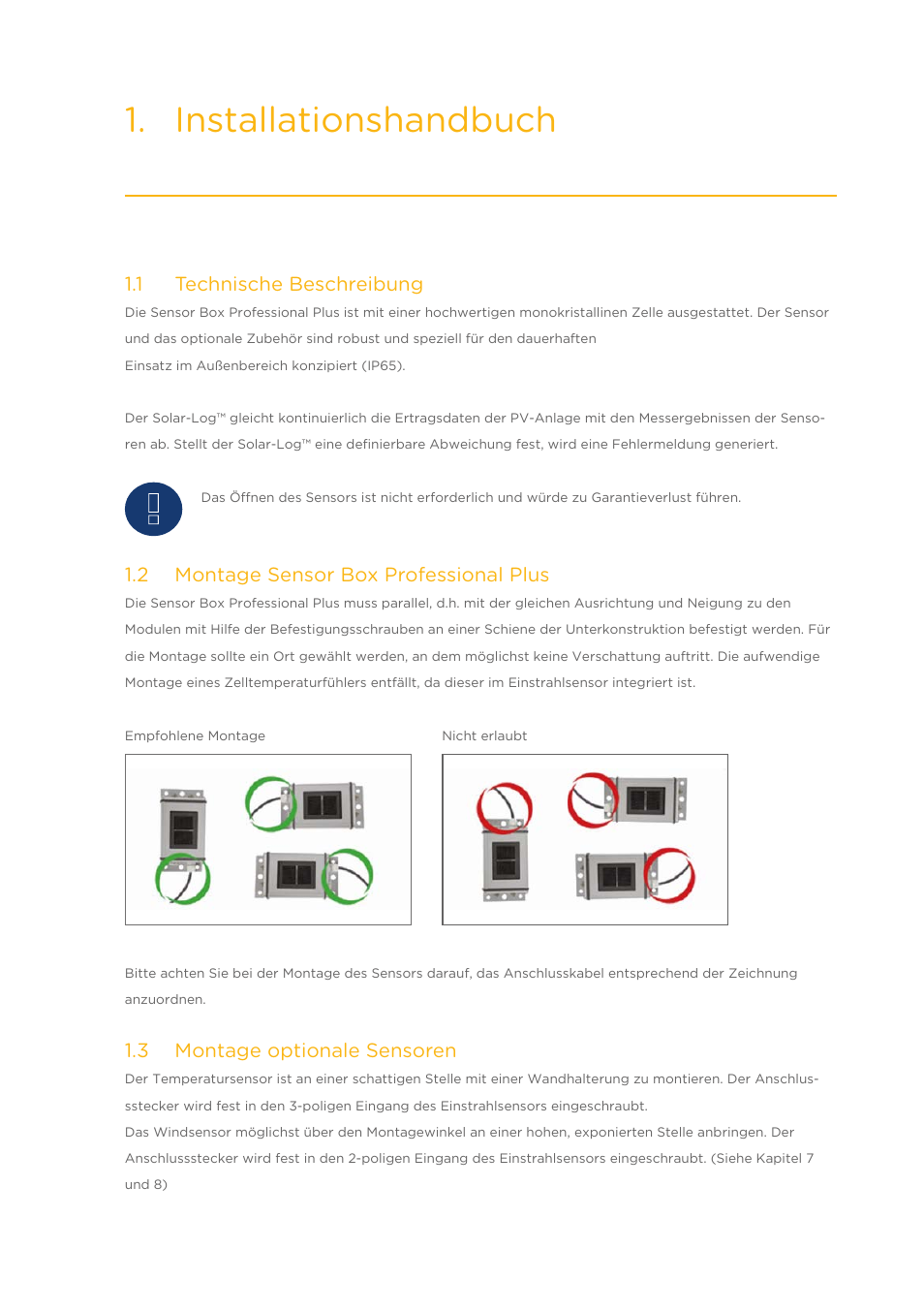 Installationshandbuch, 1 technische beschreibung, 2 montage sensor box professional plus | 3 montage optionale sensoren | Solare Datensysteme Solar-Log Sensor Box Professional Plus User Manual | Page 2 / 24