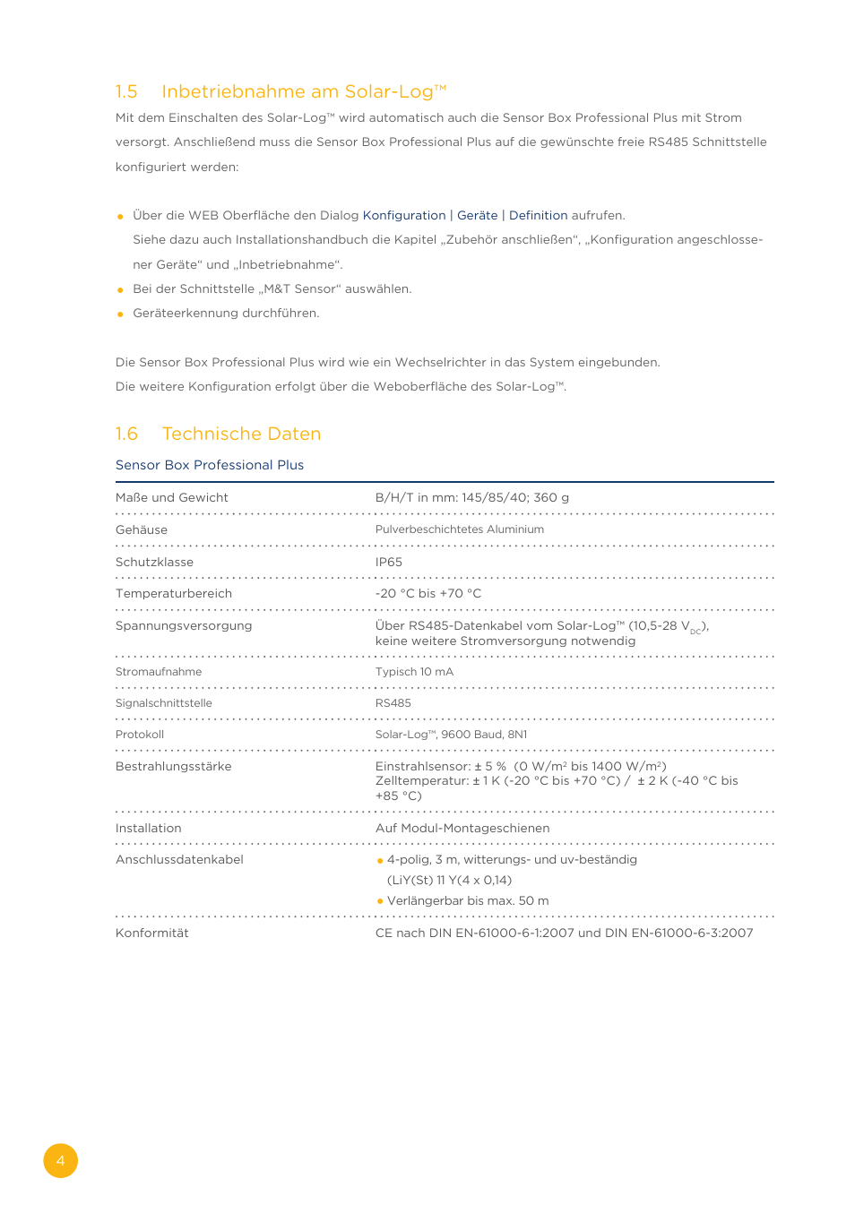 5 inbetriebnahme am solar-log, 6 technische daten | Solare Datensysteme Solar-Log Sensor Box Professional Plus User Manual | Page 4 / 24