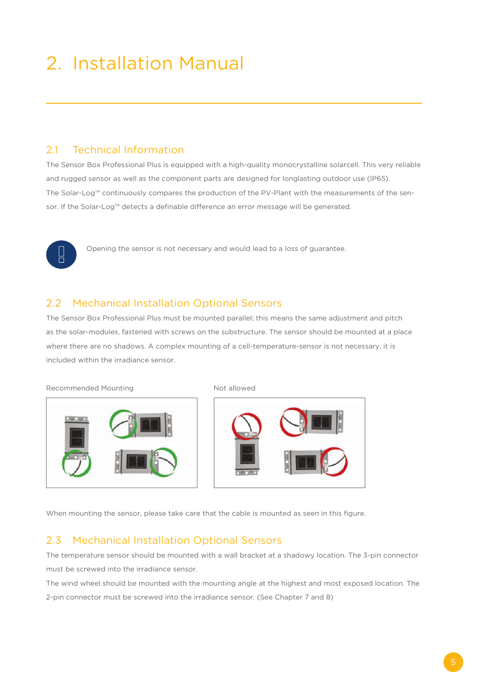 Installation manual, 1 technical information, 2 mechanical installation optional sensors | 3 mechanical installation optional sensors | Solare Datensysteme Solar-Log Sensor Box Professional Plus User Manual | Page 5 / 24