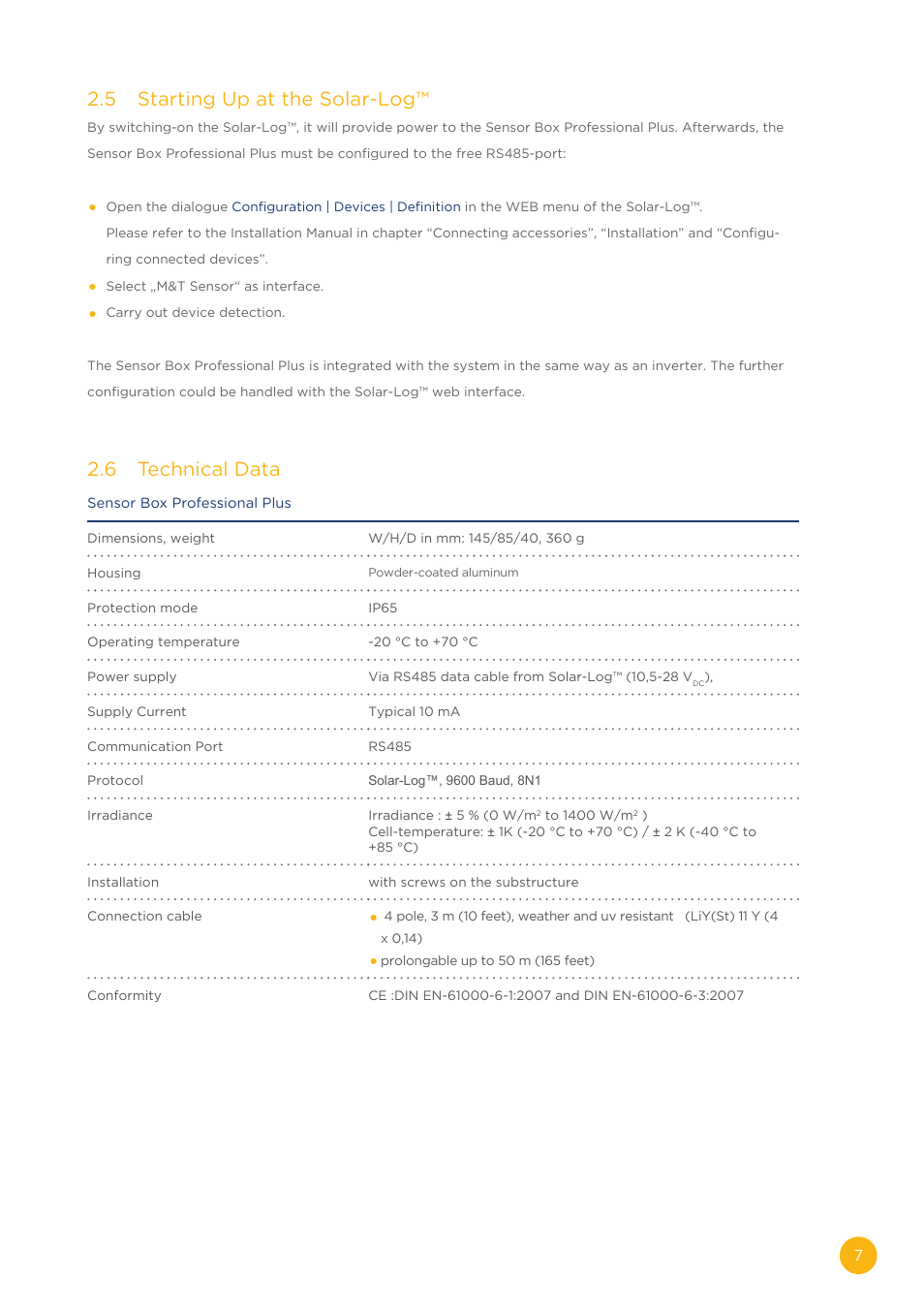 5 starting up at the solar-log, 6 technical data | Solare Datensysteme Solar-Log Sensor Box Professional Plus User Manual | Page 7 / 24