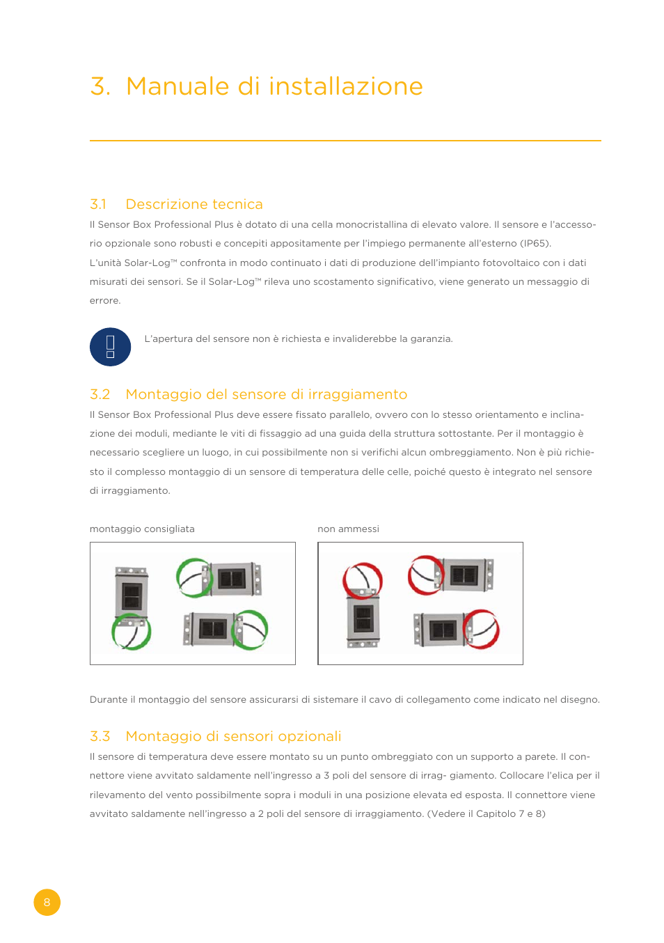 Manuale di installazione, 1 descrizione tecnica, 2 montaggio del sensore di irraggiamento | 3 montaggio di sensori opzionali | Solare Datensysteme Solar-Log Sensor Box Professional Plus User Manual | Page 8 / 24
