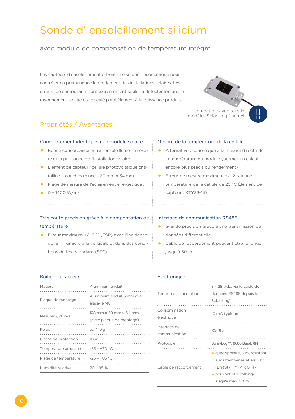 Sonde d’ ensoleillement silicium, Avec module de compensation de température intégré, Propriétés / avantages | Solare Datensysteme Solar-Log Sensor basic User Manual | Page 10 / 16