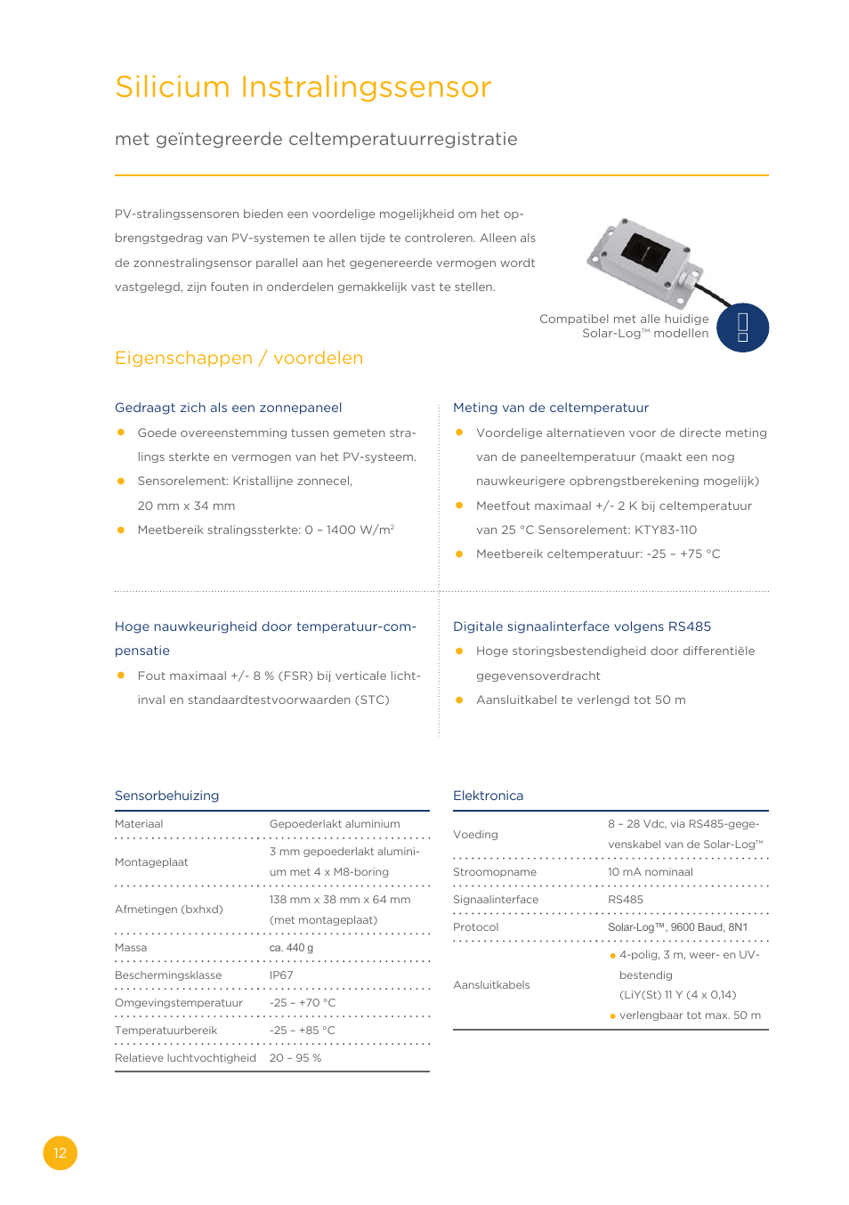 Silicium instralingssensor, Met geïntegreerde celtemperatuurregistratie, Eigenschappen / voordelen | Solare Datensysteme Solar-Log Sensor basic User Manual | Page 12 / 16