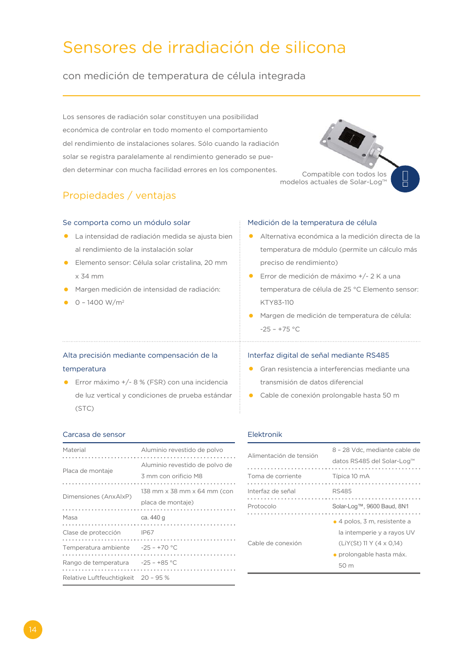 Sensores de irradiación de silicona, Con medición de temperatura de célula integrada, Propiedades / ventajas | Solare Datensysteme Solar-Log Sensor basic User Manual | Page 14 / 16
