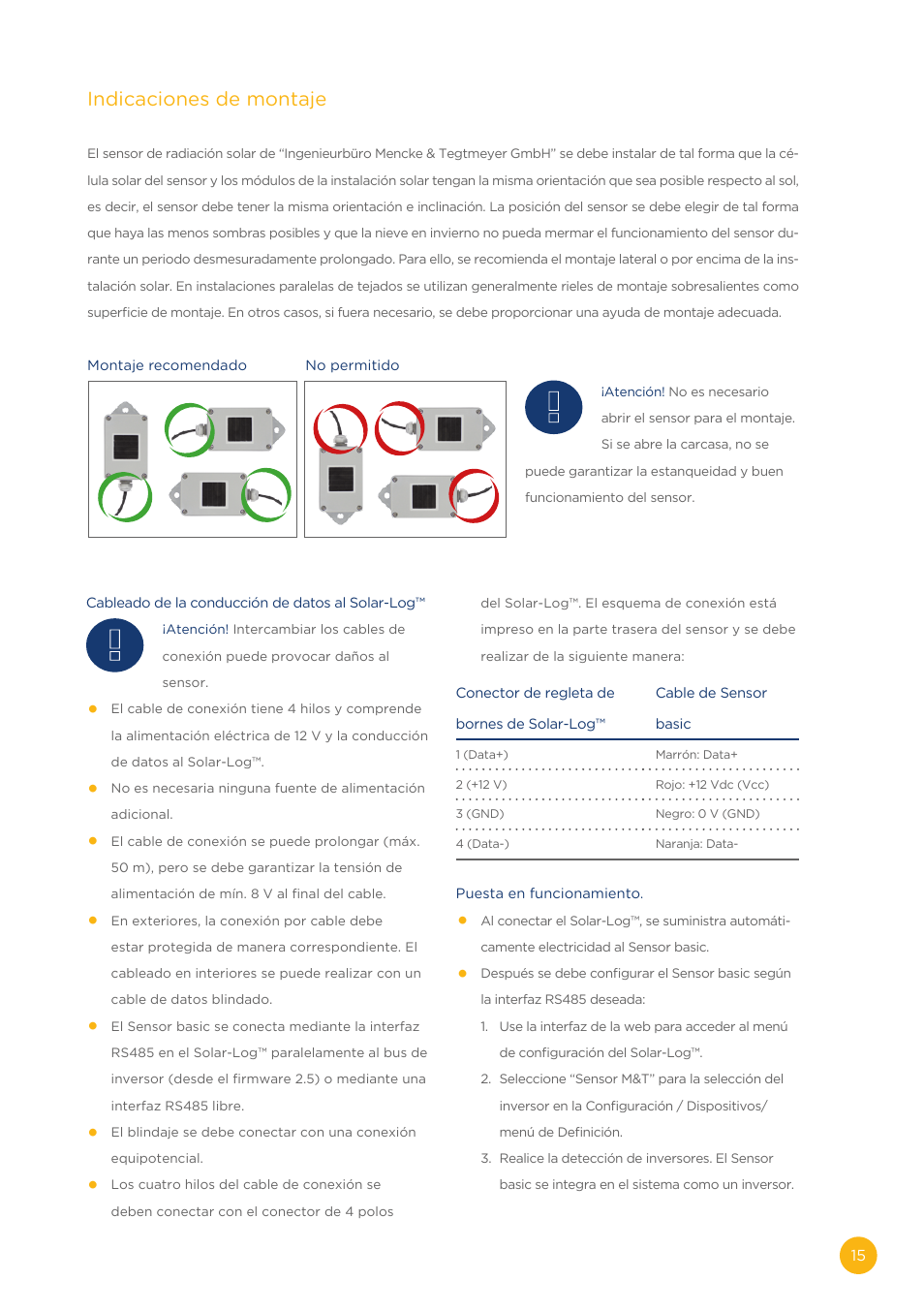 Indicaciones de montaje | Solare Datensysteme Solar-Log Sensor basic User Manual | Page 15 / 16