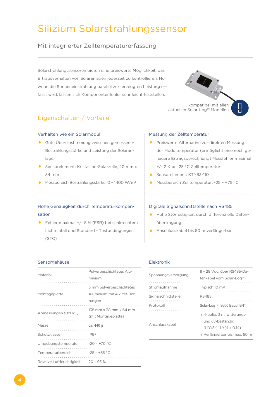 Silizium solarstrahlungssensor, Mit integrierter zelltemperaturerfassung, Eigenschaften / vorteile | Solare Datensysteme Solar-Log Sensor basic User Manual | Page 4 / 16