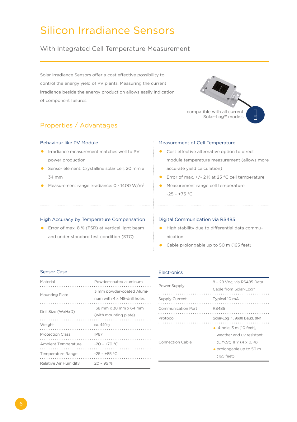 Silicon irradiance sensors, With integrated cell temperature measurement, Properties / advantages | Solare Datensysteme Solar-Log Sensor basic User Manual | Page 6 / 16