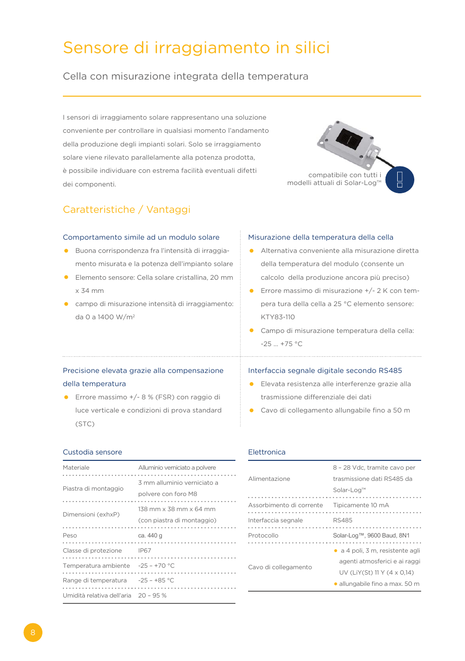 Sensore di irraggiamento in silici, Cella con misurazione integrata della temperatura, Caratteristiche / vantaggi | Solare Datensysteme Solar-Log Sensor basic User Manual | Page 8 / 16