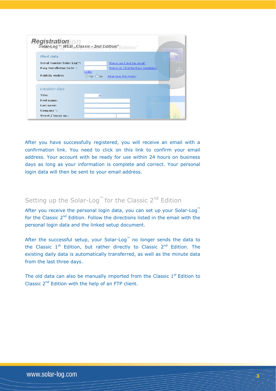 Setting up the solar-log, For the classic 2, Edition | Solare Datensysteme Solar-Log WEB Classic 2nd Edition User Manual | Page 3 / 7