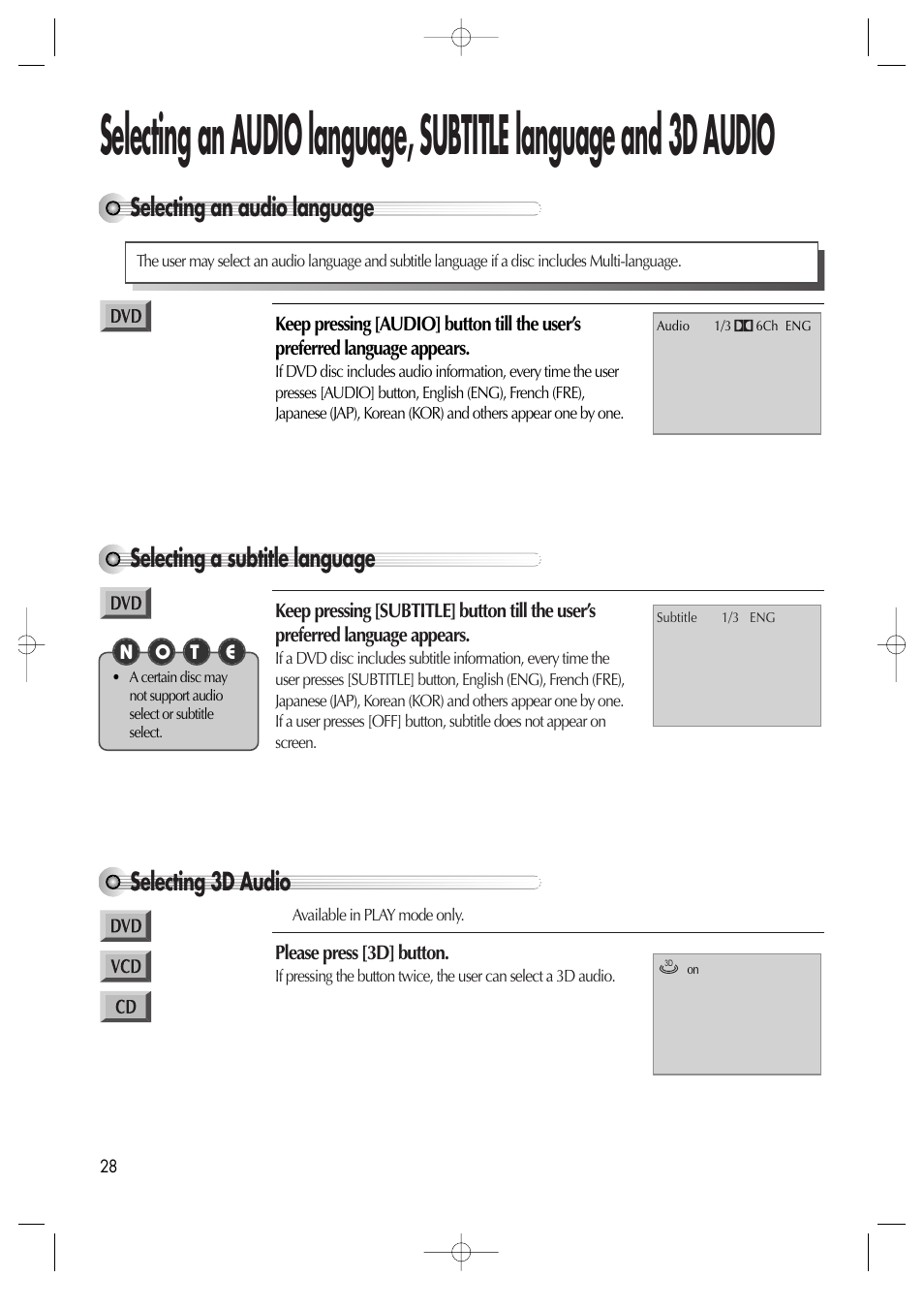 Selecting an audio language, Selecting a subtitle language, Selecting 3d audio | Daewoo dqd-2100d User Manual | Page 29 / 50