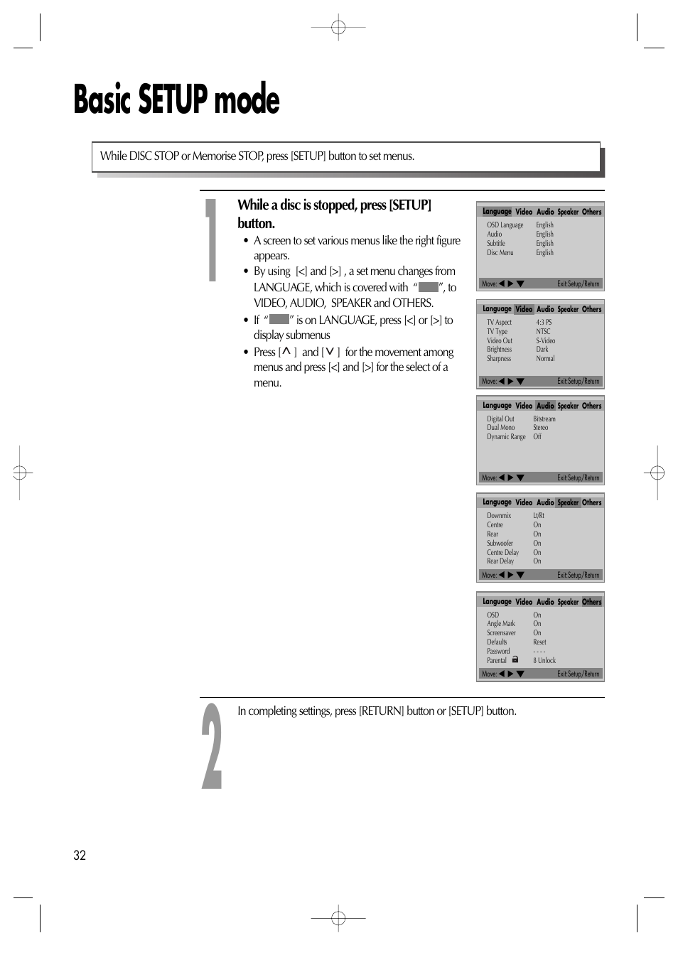 Basic setup mode, While a disc is stopped, press [setup] button | Daewoo dqd-2100d User Manual | Page 33 / 50