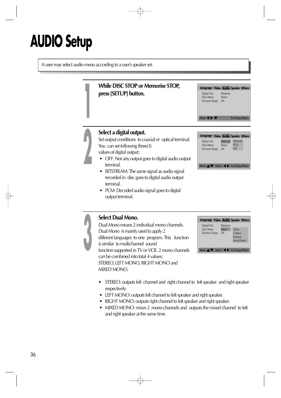 Audio setup | Daewoo dqd-2100d User Manual | Page 37 / 50