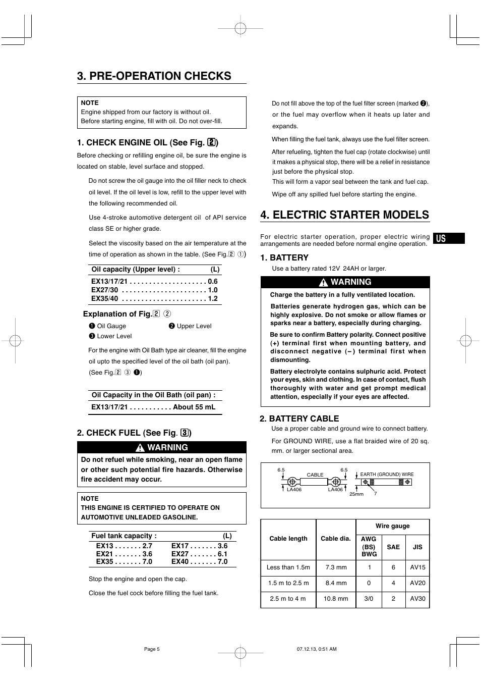 Electric starter models, Pre-operation checks, Battery | Battery cable, Warning | Subaru Robin EX35 User Manual | Page 11 / 20