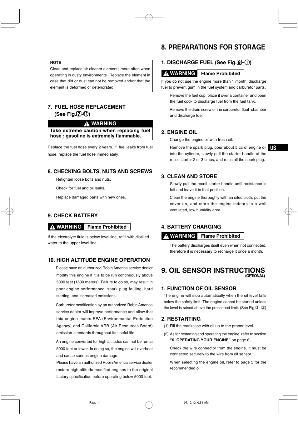 Preparations for storage, Oil sensor instructions | Subaru Robin EX35 User Manual | Page 17 / 20