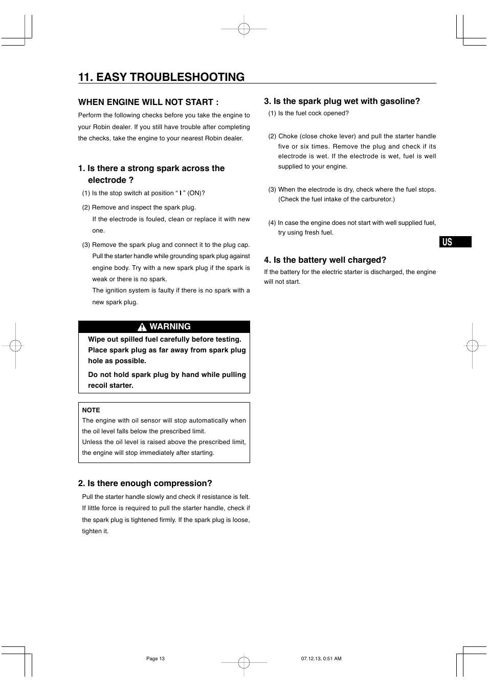 Easy troubleshooting, Warning, Is the spark plug wet with gasoline | Is the battery well charged, Is there a strong spark across the electrode | Subaru Robin EX35 User Manual | Page 19 / 20