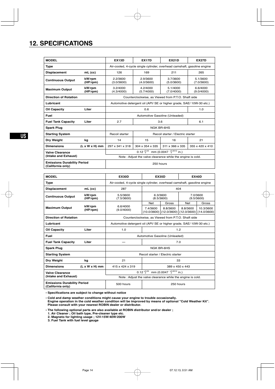 Specifications | Subaru Robin EX35 User Manual | Page 20 / 20