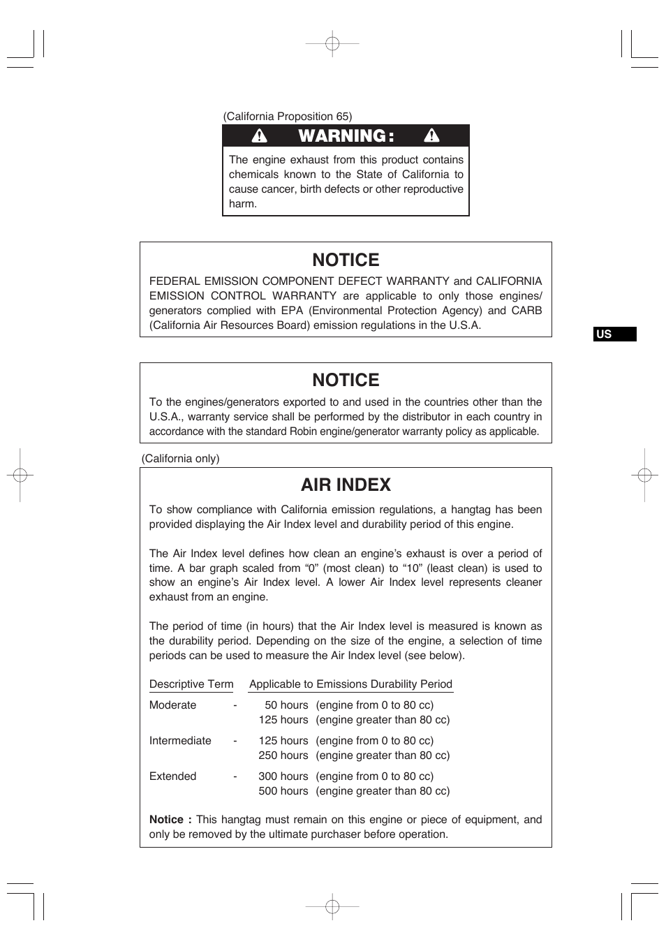 Notice air index, Notice, Warning | Subaru Robin EX35 User Manual | Page 5 / 20