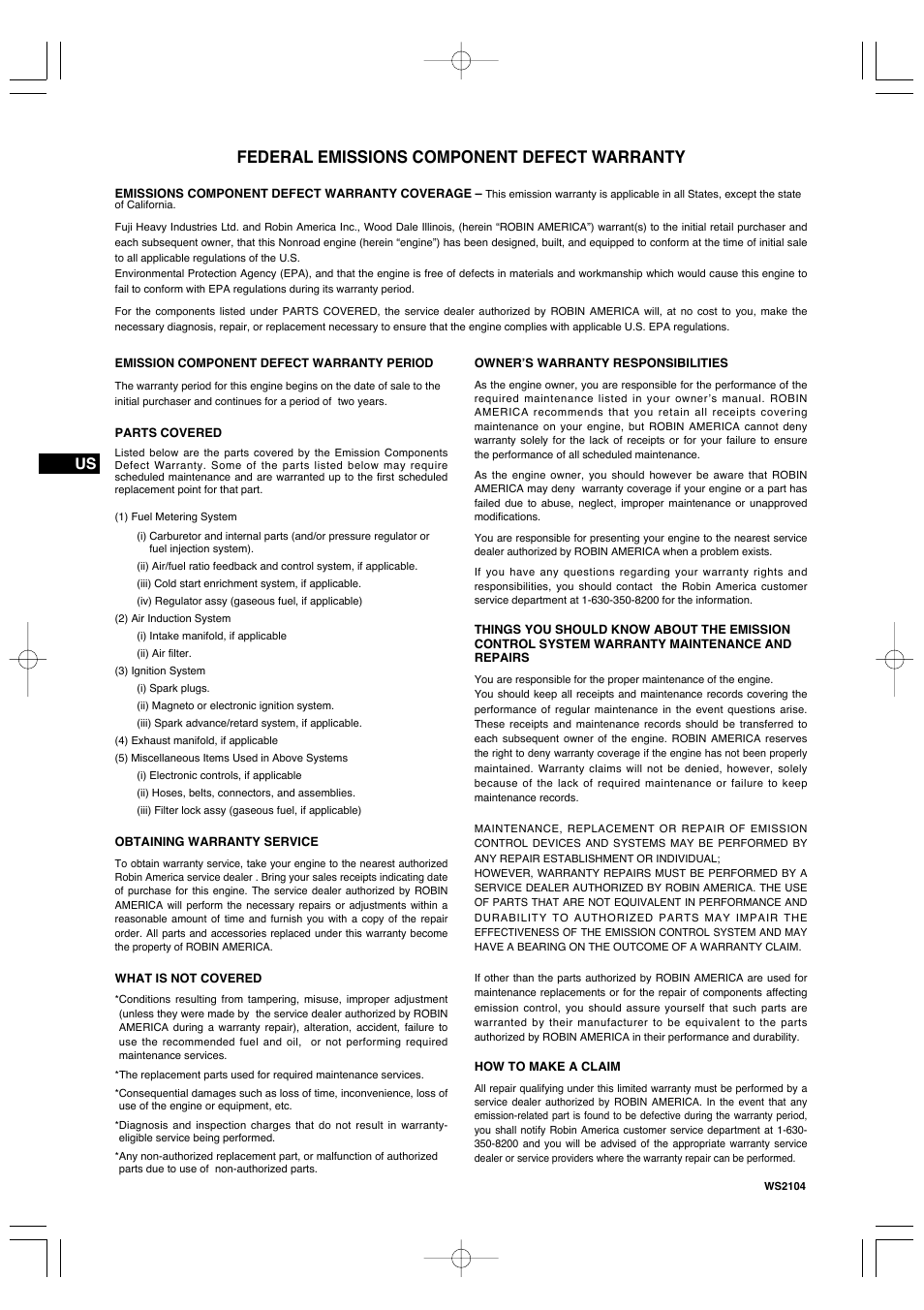 Federal emissions component defect warranty, Jp us fr de nl es it pt gr no se fi dk ru ar gb | Subaru Robin EX35 User Manual | Page 6 / 20