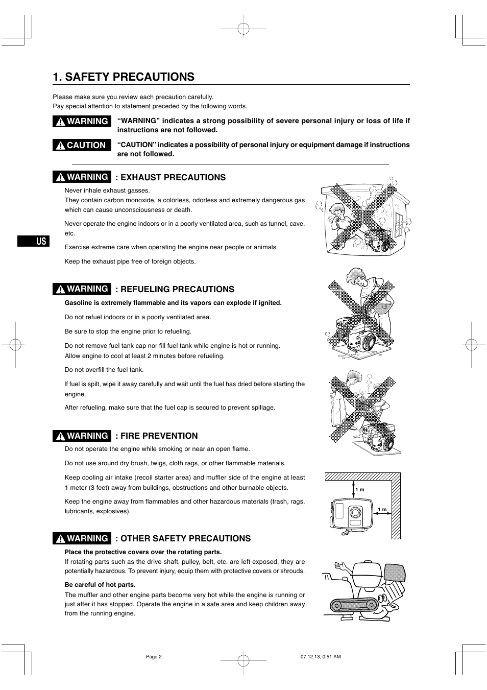 Safety precautions, Exhaust precautions, Refueling precautions | Fire prevention, Other safety precautions, Warning, Warning caution | Subaru Robin EX35 User Manual | Page 8 / 20