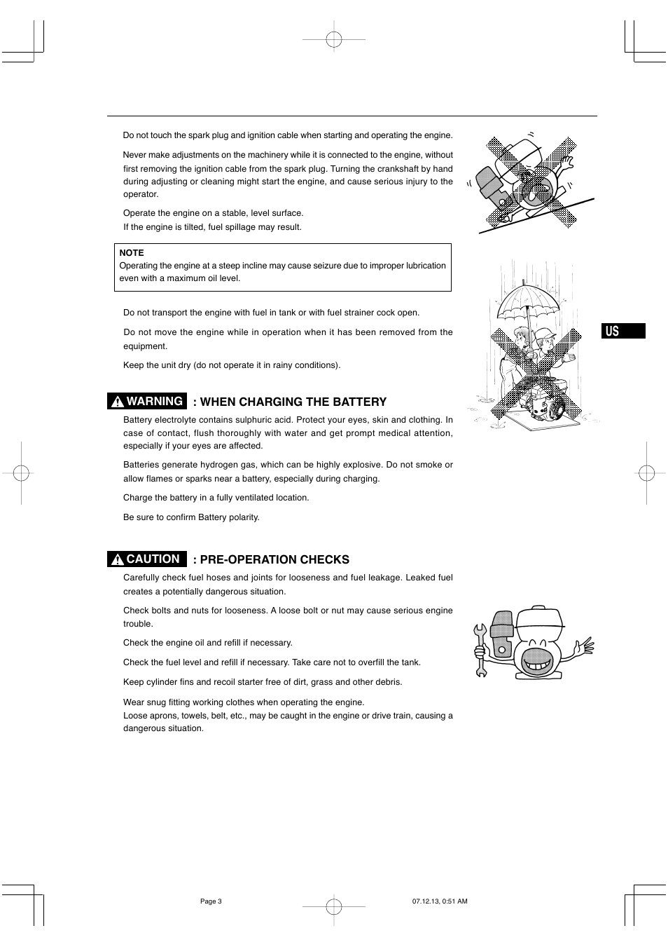 Caution : pre-operation checks, When charging the battery, Warning | Subaru Robin EX35 User Manual | Page 9 / 20