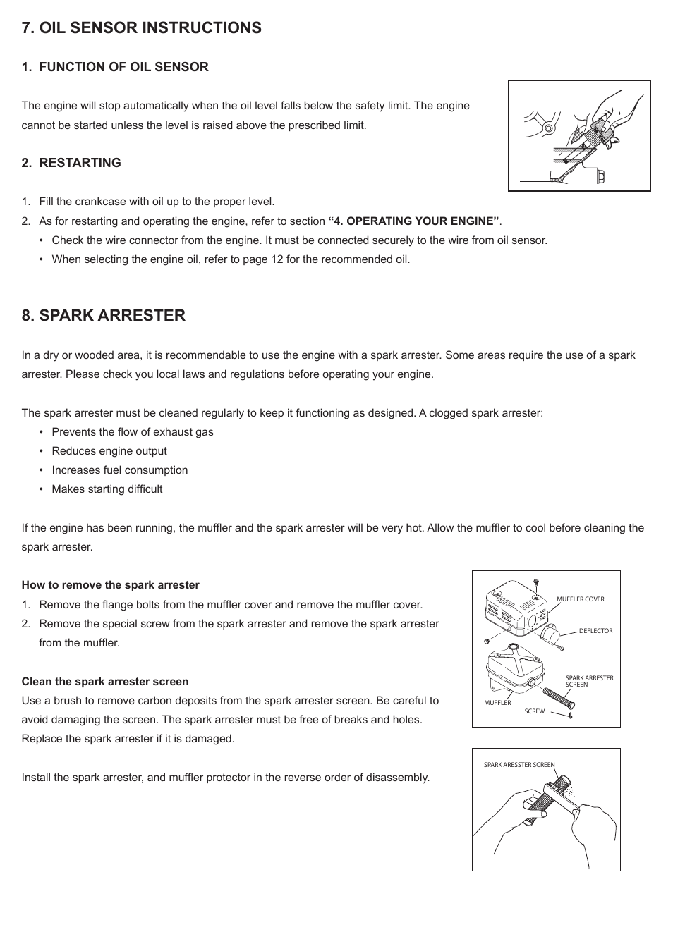 Oil sensor instructions, Spark arrester, Function of oil sensor | Restarting | Subaru Robin SP170 User Manual | Page 19 / 24