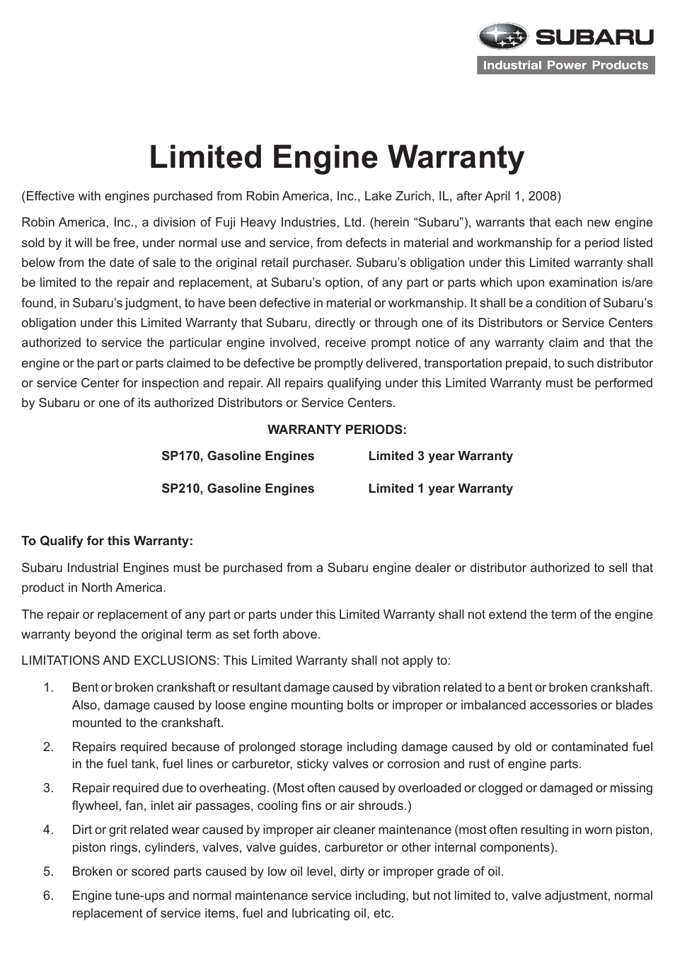 Limited engine warranty | Subaru Robin SP170 User Manual | Page 3 / 24
