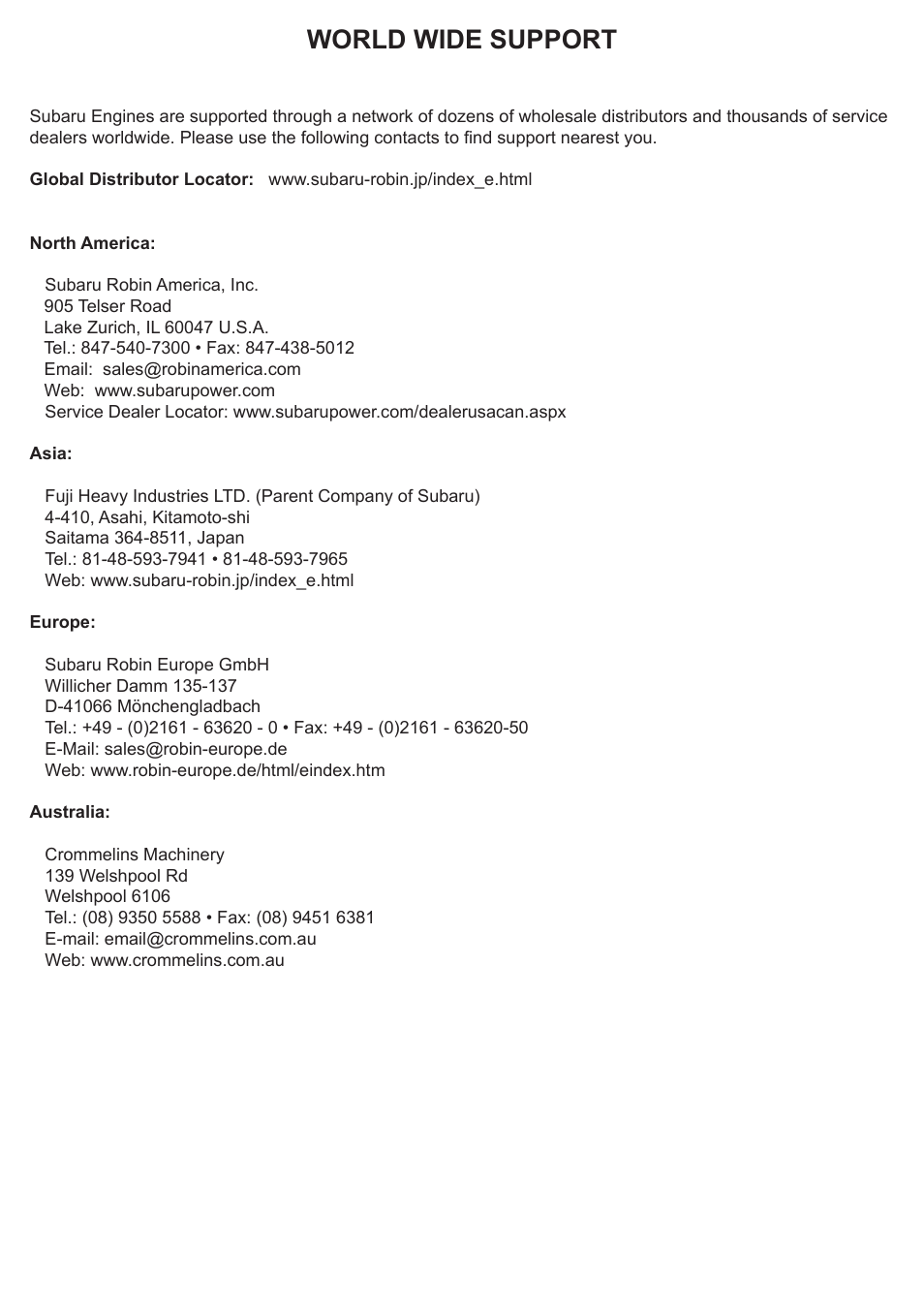 World wide support | Subaru Robin SP170 User Manual | Page 5 / 24