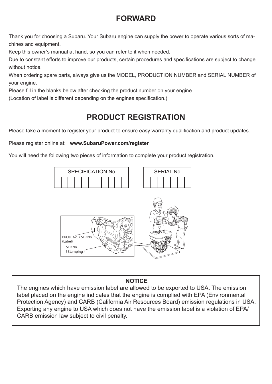 Forward, Product registration | Subaru Robin SP170 User Manual | Page 7 / 24