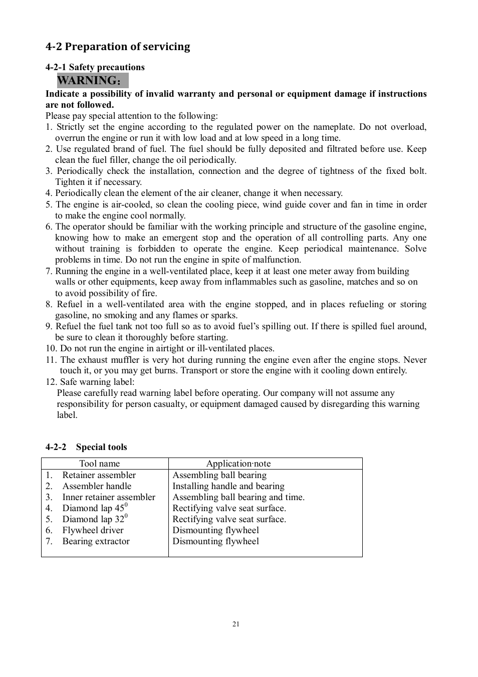 Warning, 2 preparation of servicing | Subaru Robin EA190V User Manual | Page 24 / 52