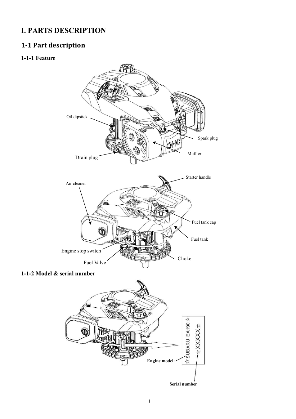 I. parts description, 1 part description | Subaru Robin EA190V User Manual | Page 4 / 52