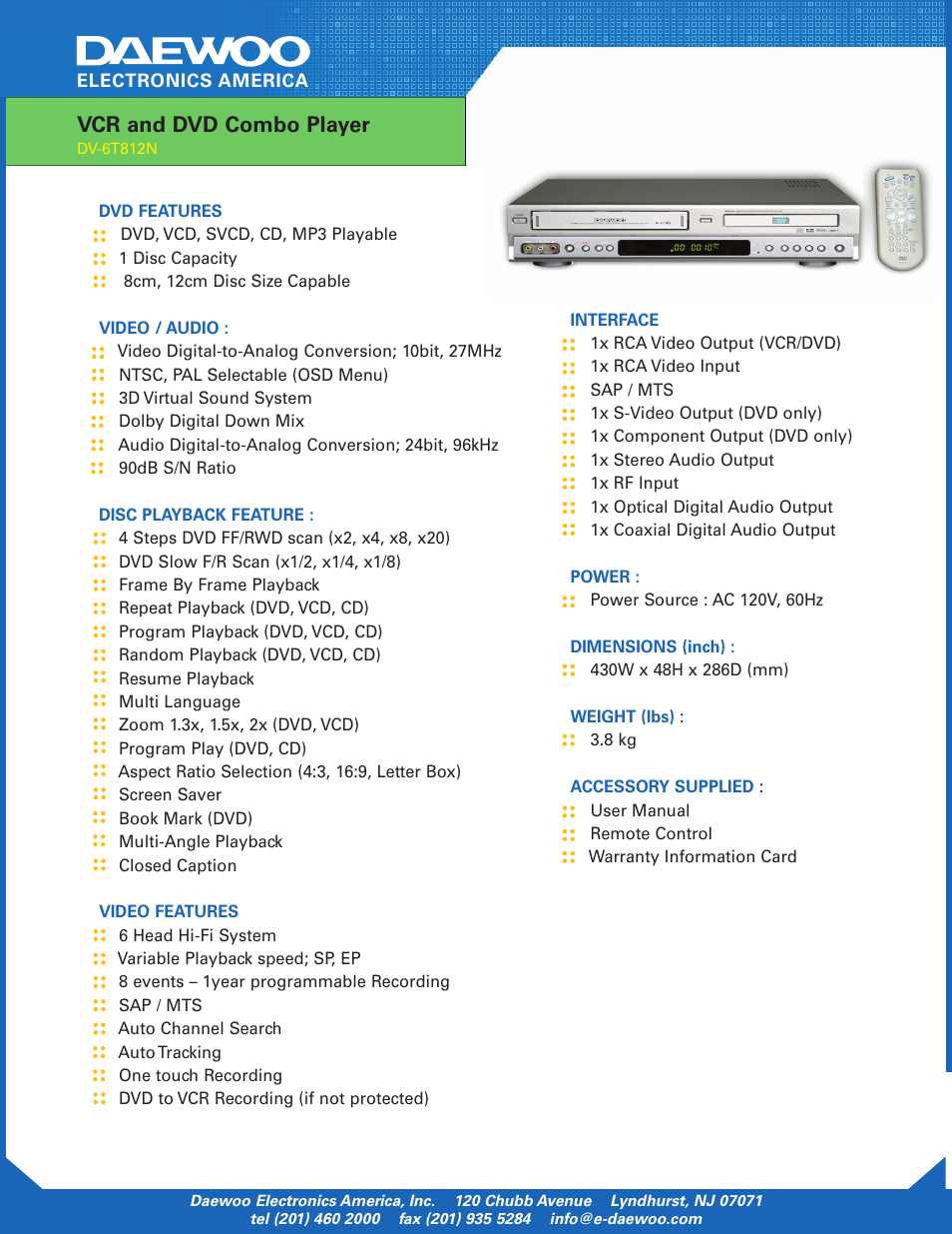 Vcr and dvd combo player | Daewoo DV-6T812N User Manual | Page 2 / 2