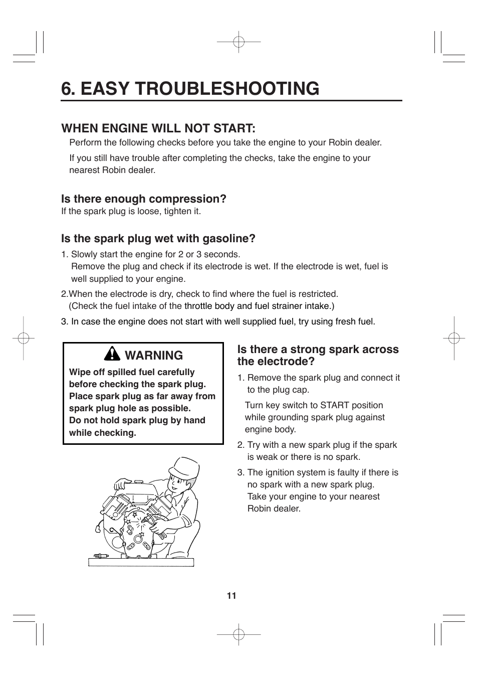 Easy troubleshooting, When engine will not start, Warning | Subaru Robin EH72 FI User Manual | Page 17 / 80